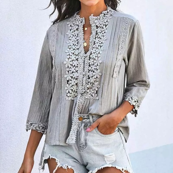 Gray Bohemian Lace Crochet Button Front Blouse - Picture 3 of 5